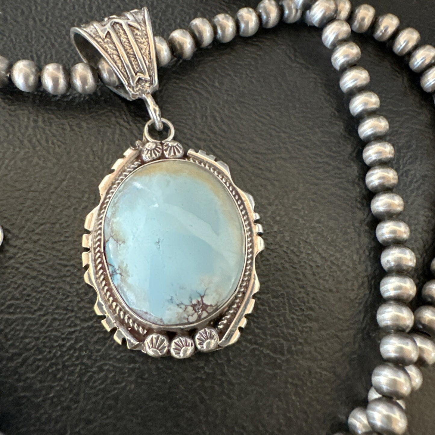Mens Blue Dry Creek Turquoise Pendant Navajo Pearls Sterling Necklace 18681