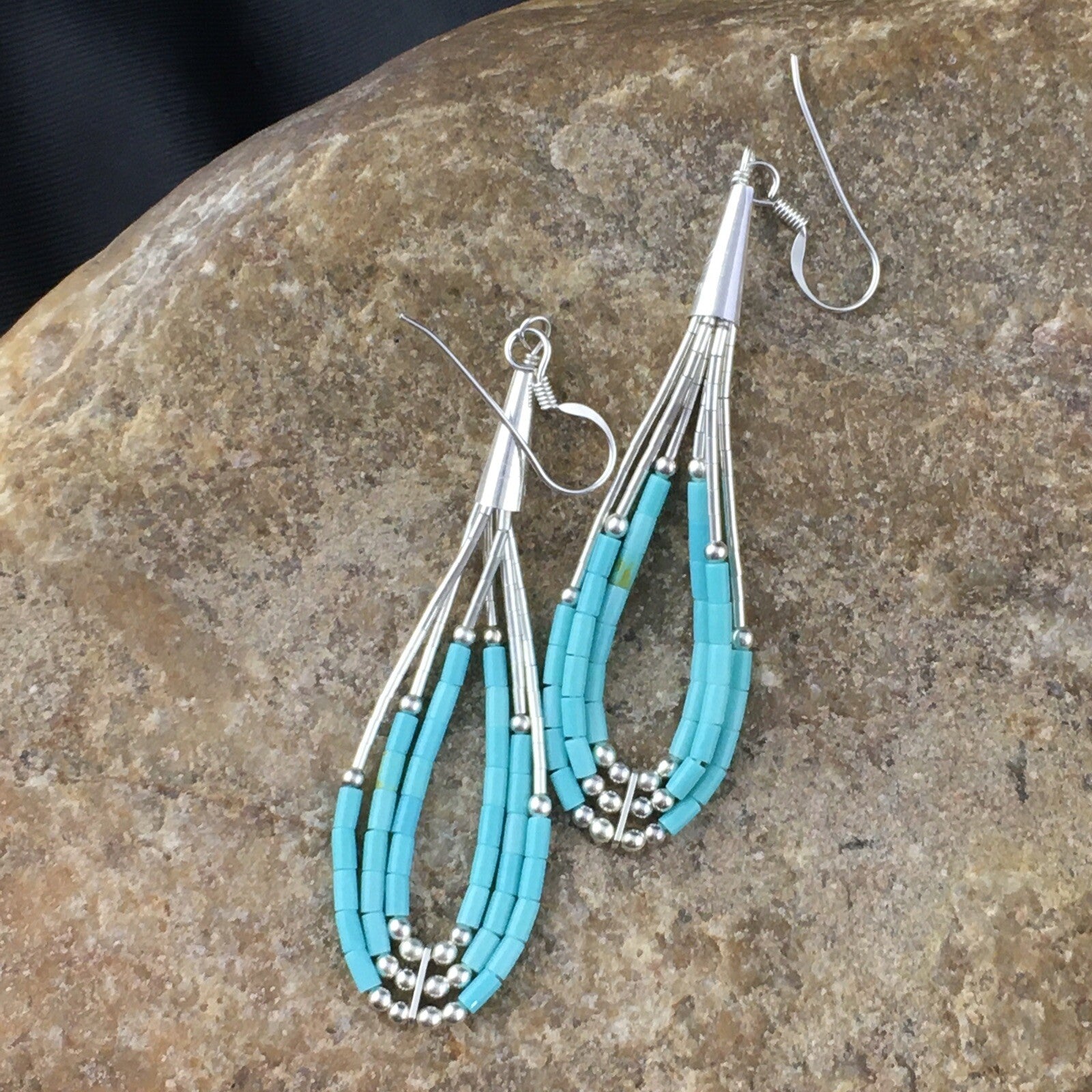 Blue Turquoise 3 Strands Heishi Liquid Sterling Silver Dangle Earrings 01969