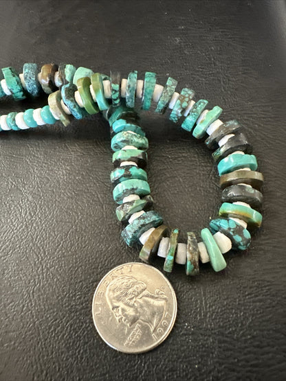 Navajo Blue Turquoise Shell Heishi Sterling Silver Bead 25” Necklace 17853