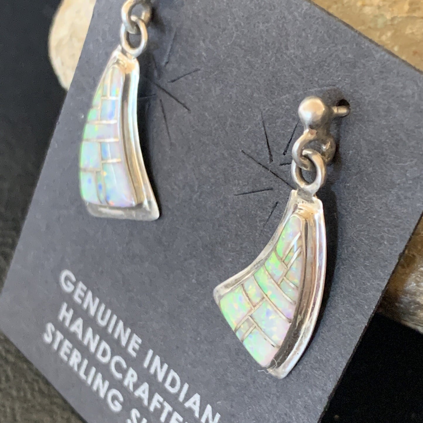 Womens White Opal Inlay Navajo Sterling Silver Dangle Post Earrings 12771