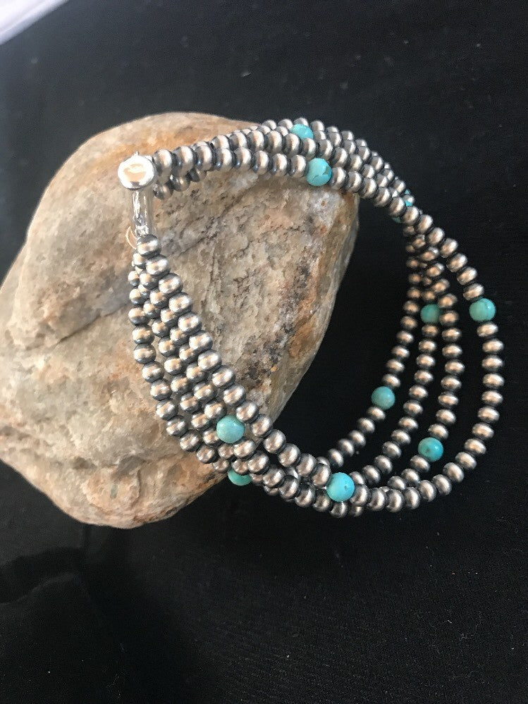 Native American Sterling Silver Beads Blue Turquoise Bracelet 4 Strand