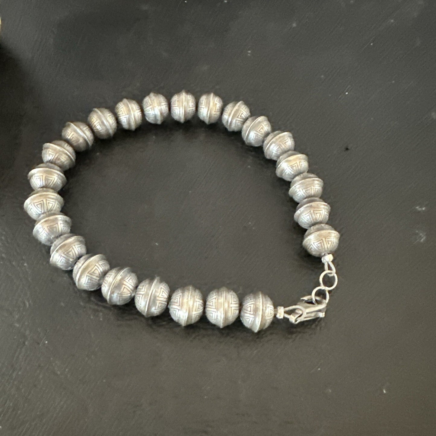 Handmade Stamped Navajo Pearls 8mm Beads 7” Sterling Silver Bracelet 90907