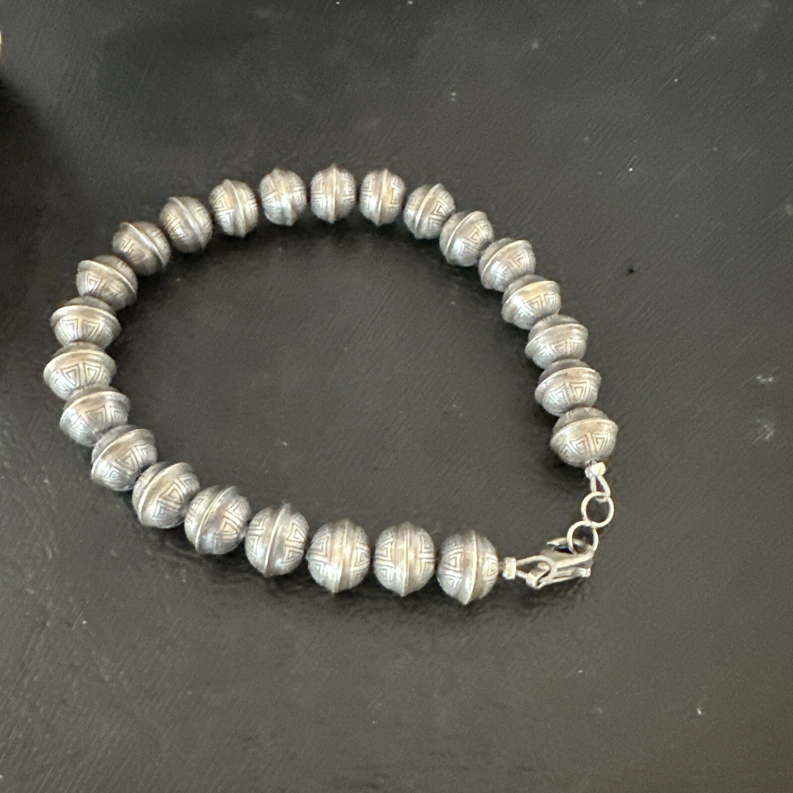 Handmade Stamped Navajo Pearls 8mm Beads 7” Sterling Silver Bracelet 90907