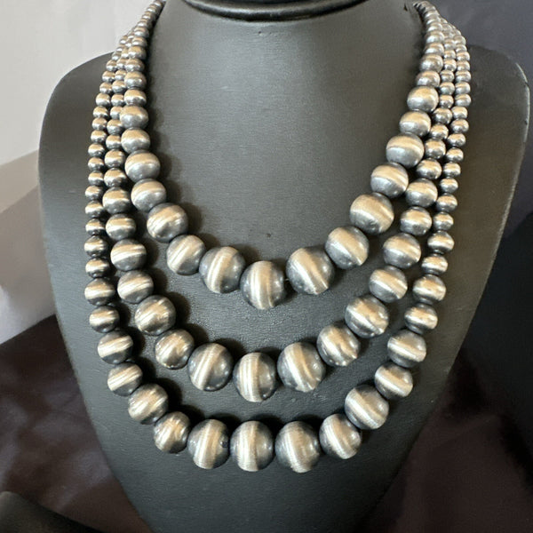 Mixed Bead Graduated Bib Navajo Pearls Necklace 24"3S | Sterling Silver | Authentic Native American Handmade | 18239