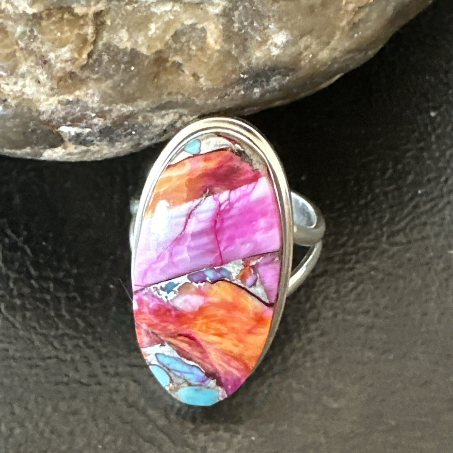 Blue Turquoise Spiny Oyster Southwestern Sterling Silver Ring Size 7 18494