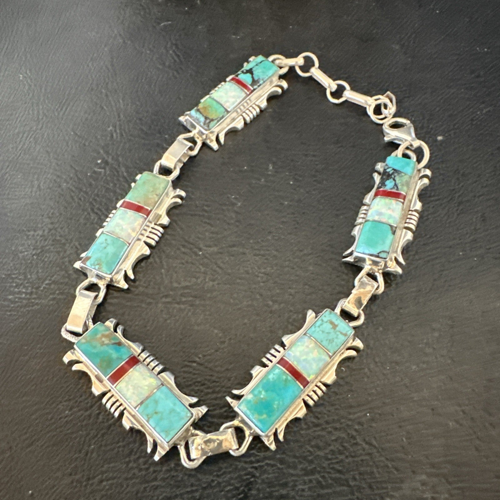 A Womens Blue Turquoise Opal Navajo Sterling Silver Link Bracelet 9" 19791