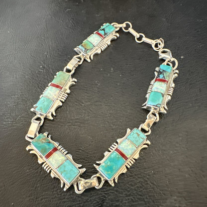 A Womens Blue Turquoise Opal Navajo Sterling Silver Link Bracelet 9" 19791