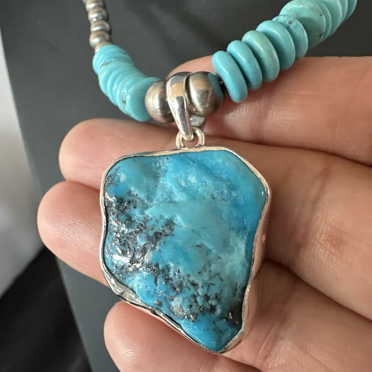 Blue Kingman Turquoise 2 Sided Pendant Navajo Sterling Native Necklace 20" 19516
