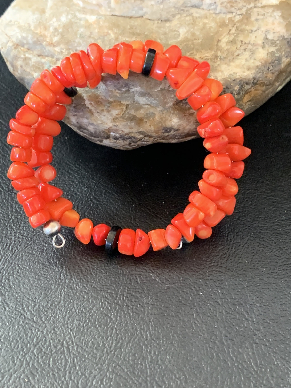Memory wire Stainless Steel Coral Onyx Bead Bracelet Sterling Silver 01955