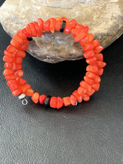 Memory wire Stainless Steel Coral Onyx Bead Bracelet Sterling Silver 01955