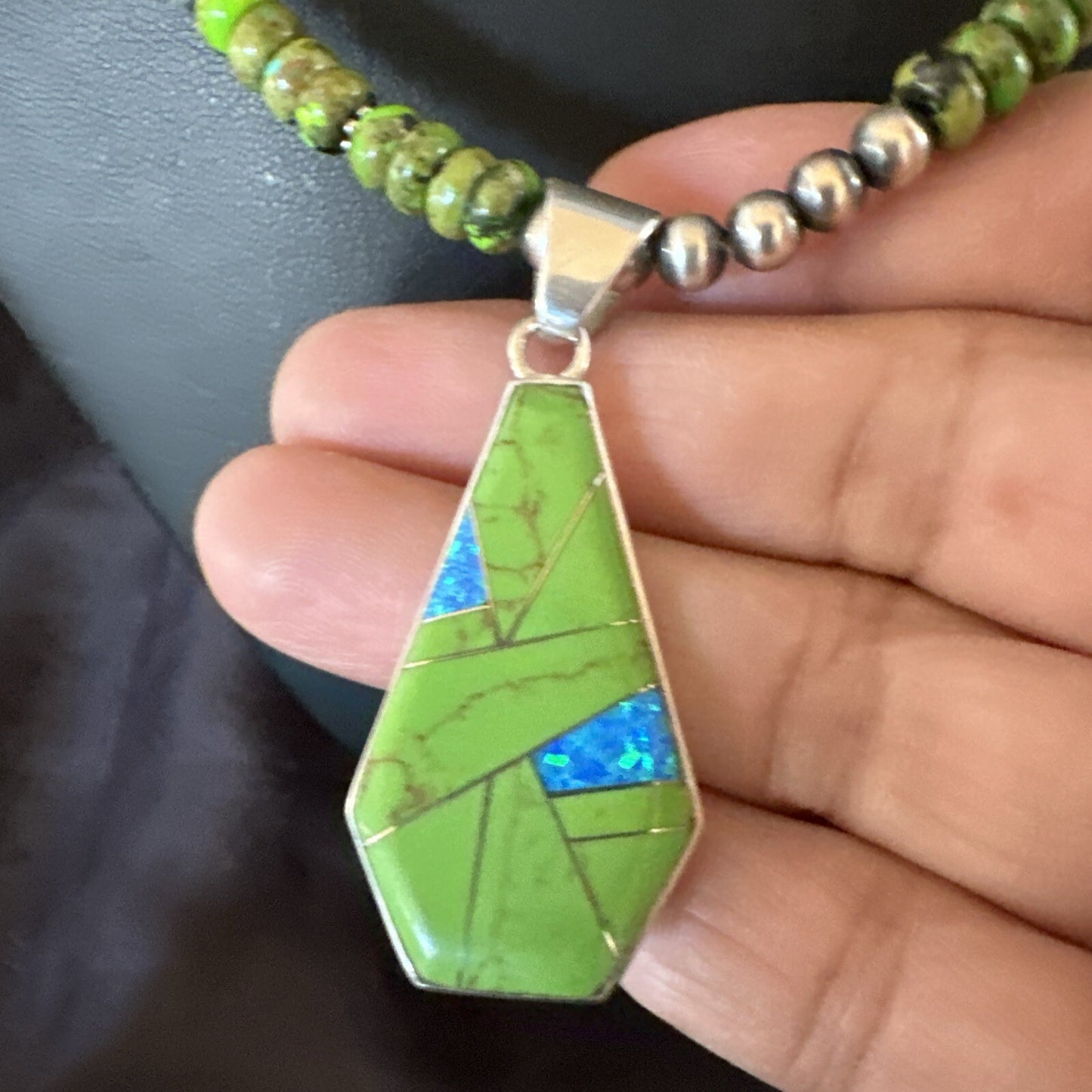 Green Gaspeite & Turquoise Pendant Navajo Pearls Sterling Silver Necklace 18179