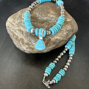 Blue Turquoise Inlay Pendant Navajo Necklace | Sterling Silver | Authentic Native American Handmade | 19513
