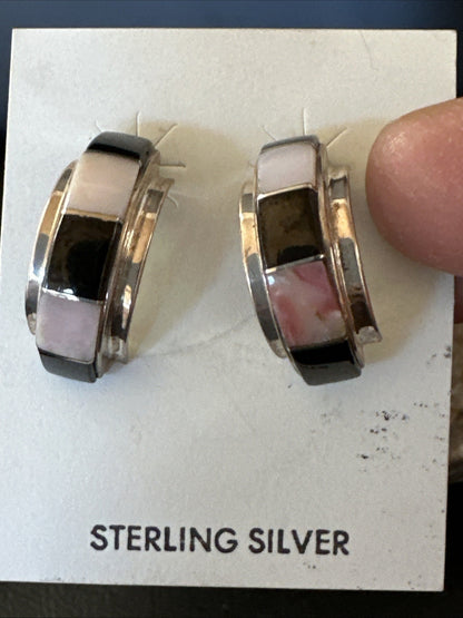 Pink Queen Conch Black Onyx Sterling Silver Post  Inlay Hoop Earrings 19819
