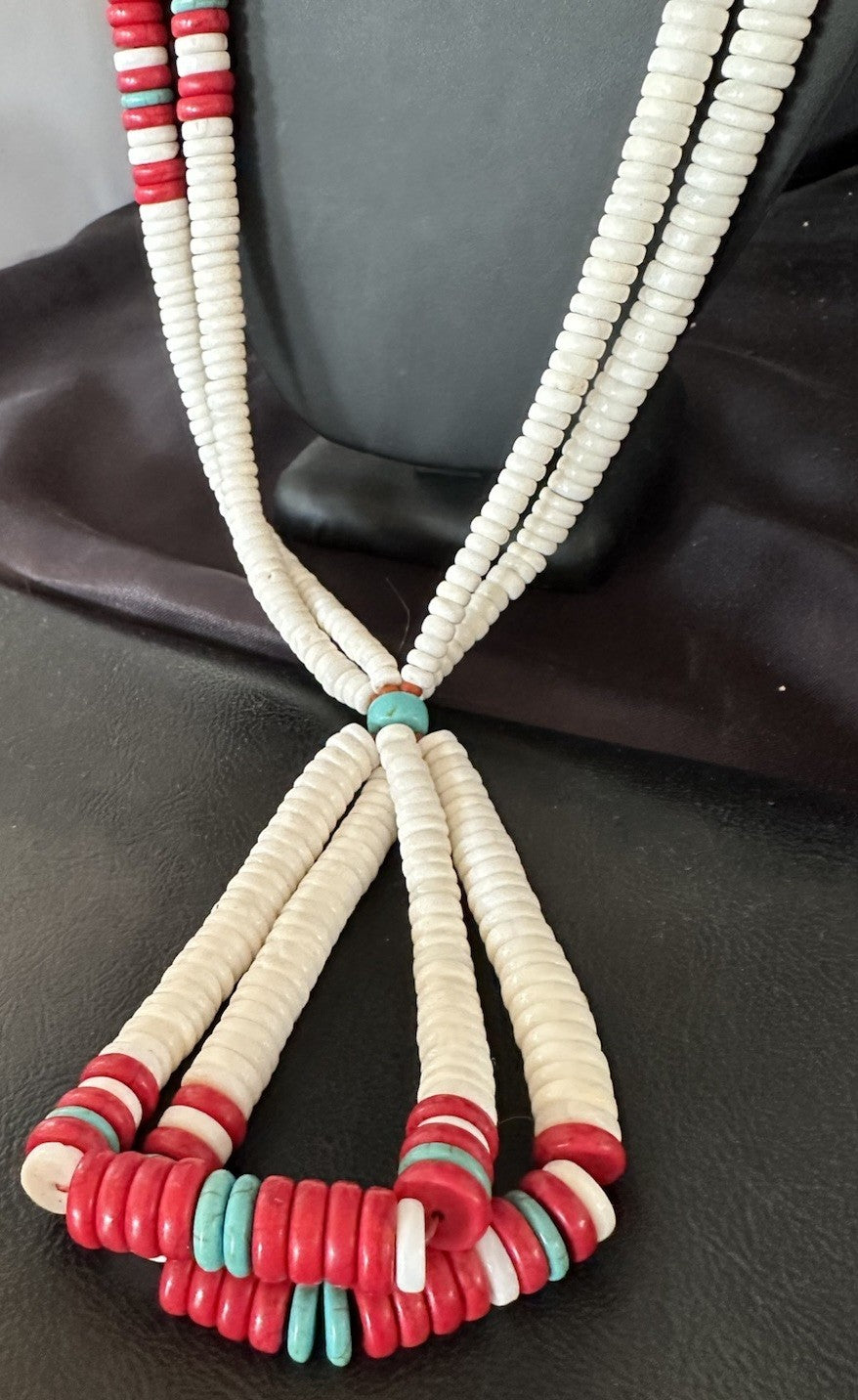 Red Coral White Turquoise 2 St Native American Santo Domingo Necklace 28" 19440