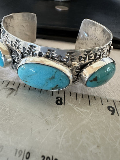 Mens Blue Kingman Turquoise Navajo Sterling Silver Cuff Bracelet 7.5" 19430