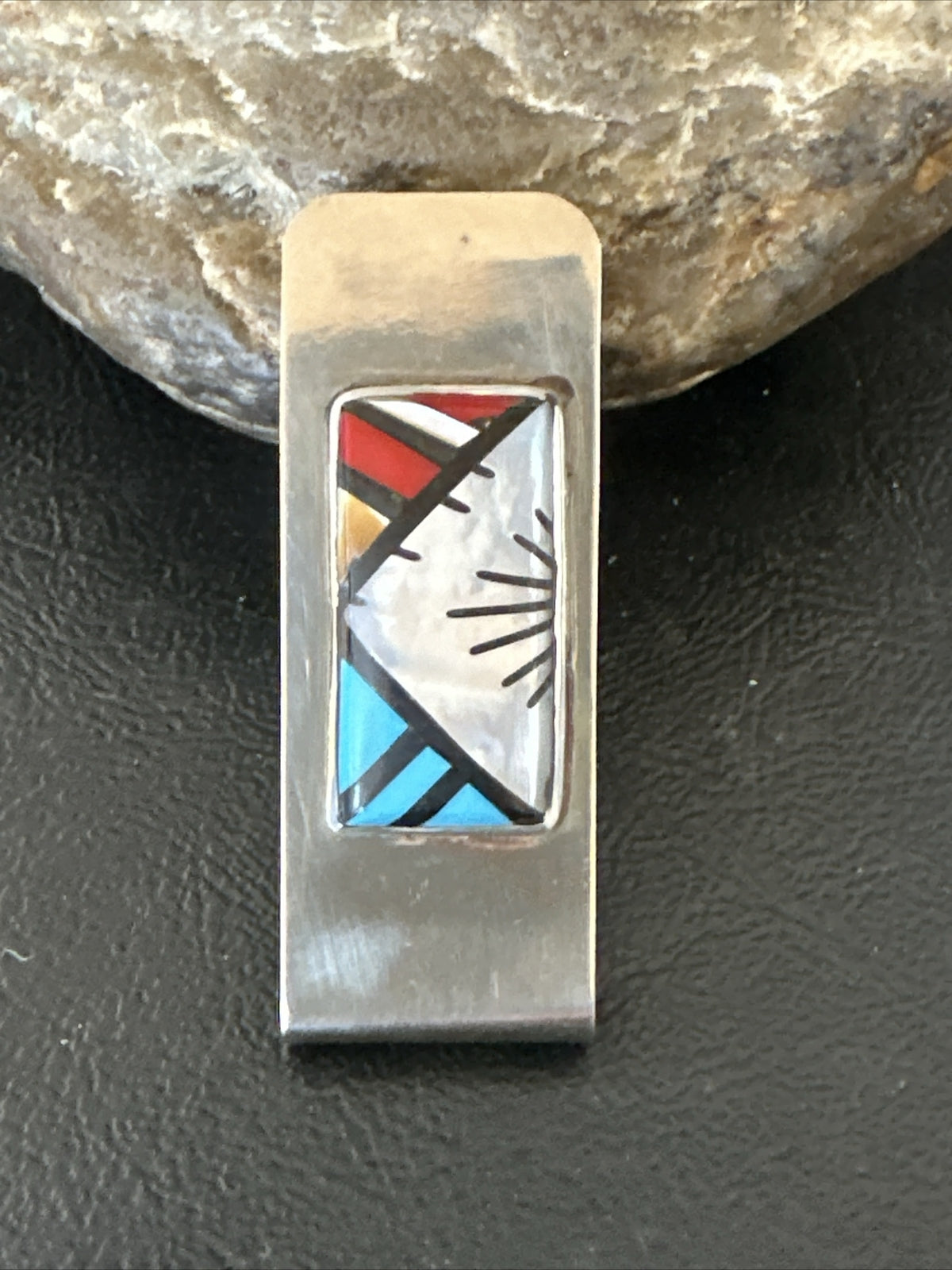A Zuni Mens Turquoise Spiny Inlay Stainless Sterling Silver Money Clip 17836