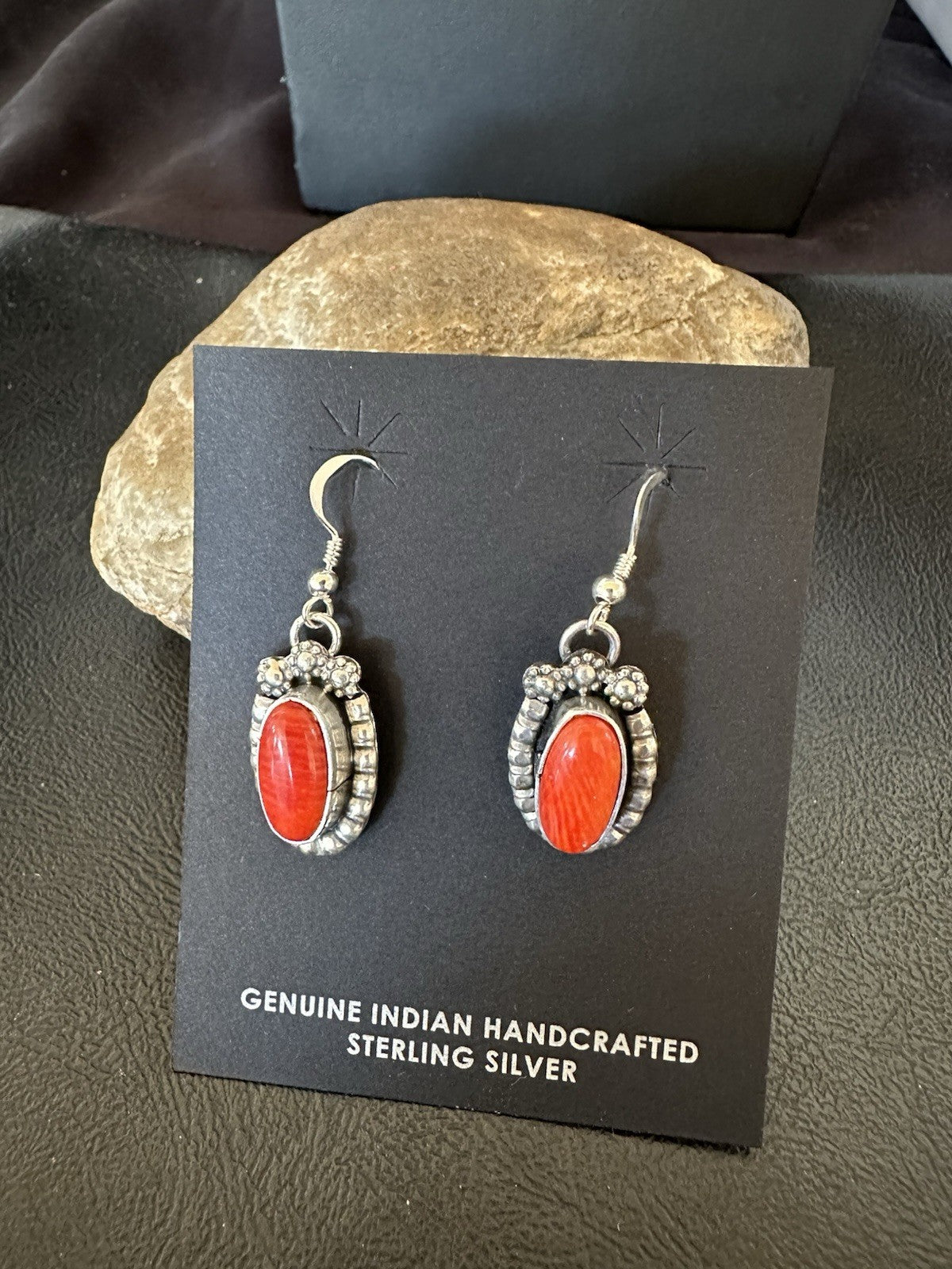 Handmade Red Coral Sterling Silver Navajo Dangle Earrings Yazzie 19534