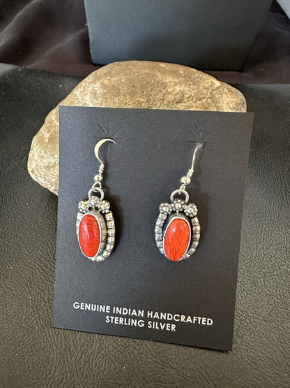 Handmade Red Coral Sterling Silver Navajo Dangle Earrings Yazzie 19534