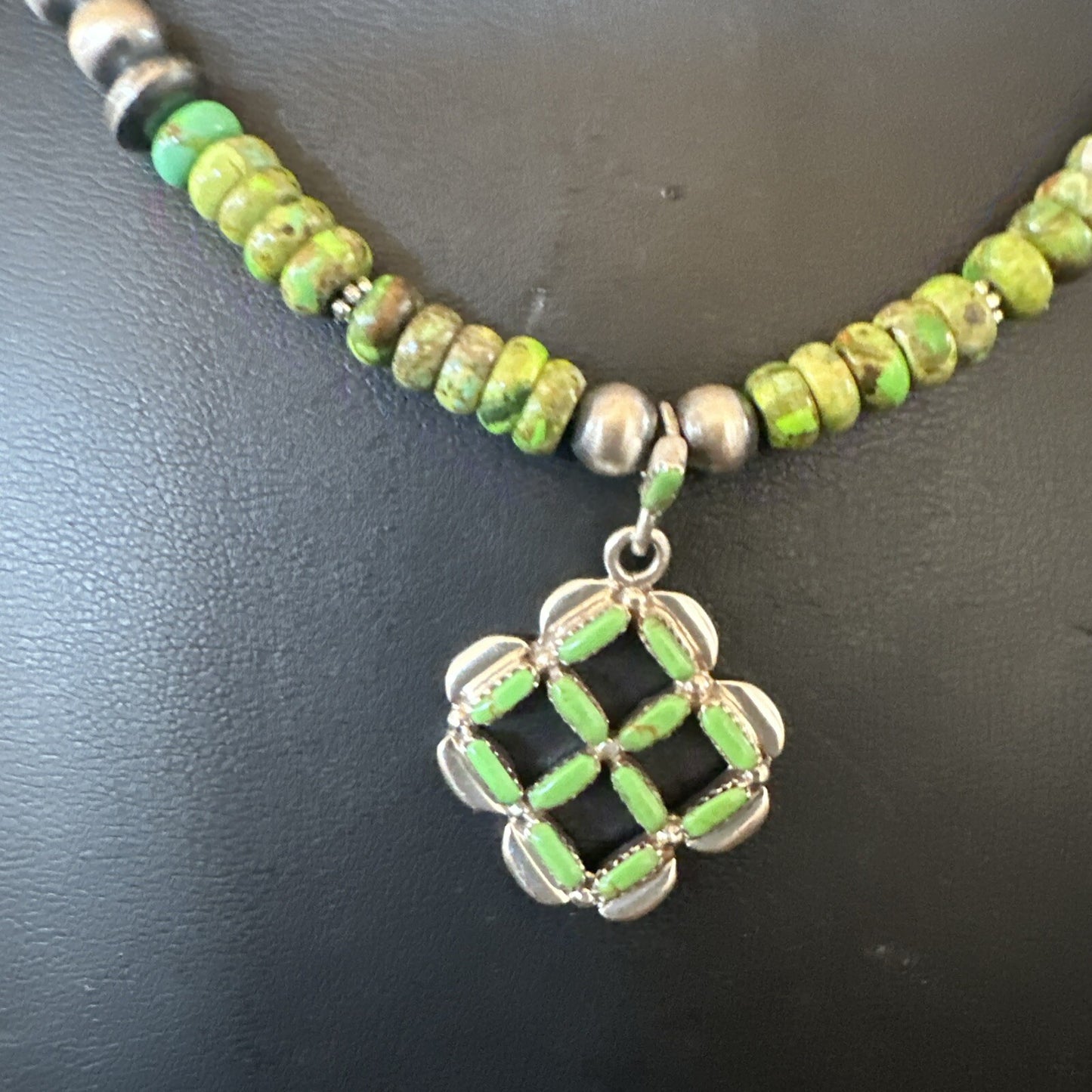 Womens Green Gaspeite Turquoise Pendant Navajo Sterling Silver Necklace 18370
