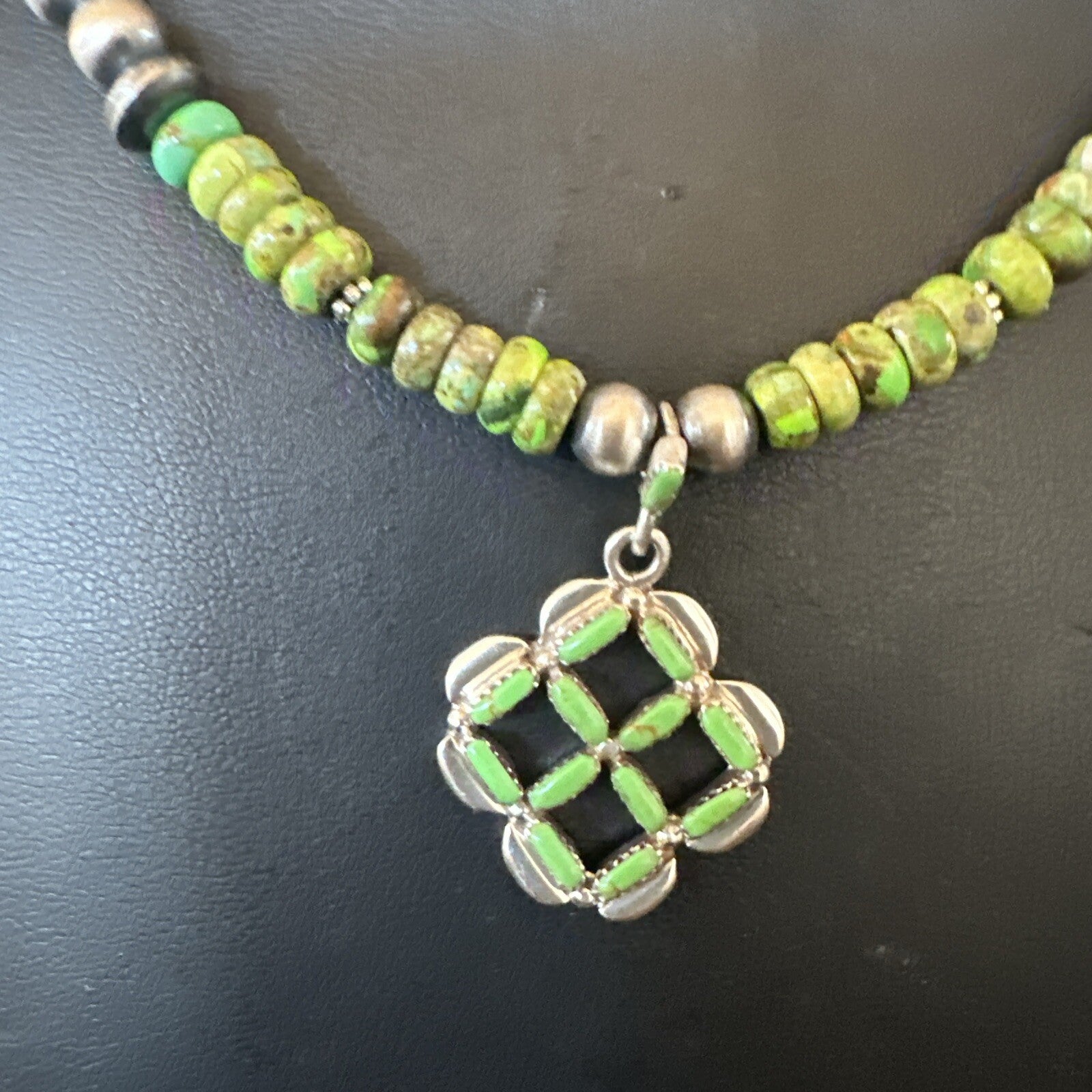 Womens Green Gaspeite Turquoise Pendant Navajo Sterling Silver Necklace 18370