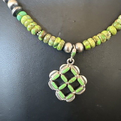 Womens Green Gaspeite Turquoise Pendant Navajo Sterling Silver Necklace 18370