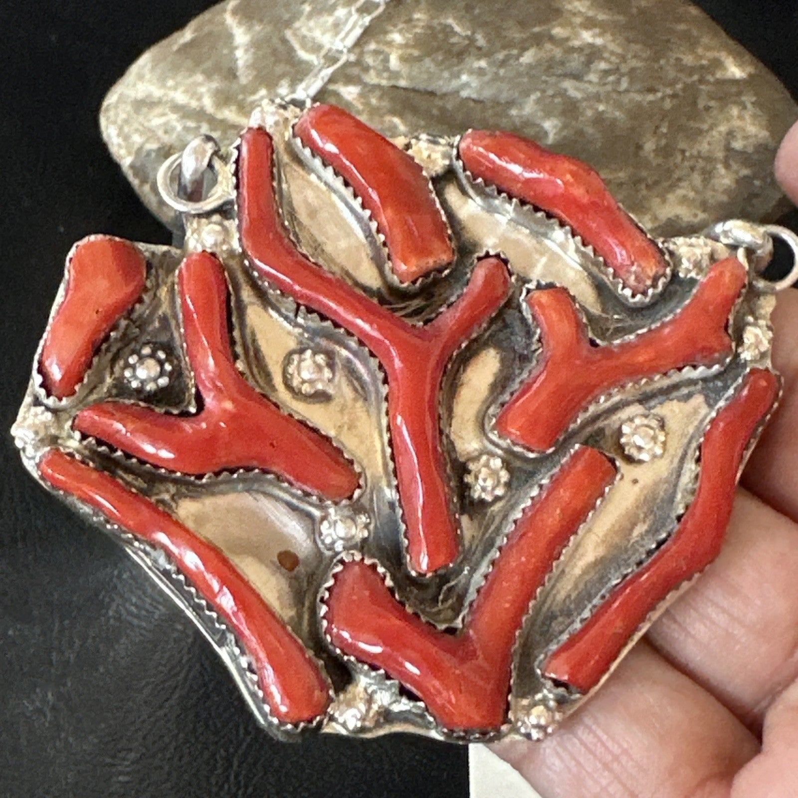 Branch Real Coral Zuni Inlay Sterling Silver Necklace Earrings 21" Set 19276