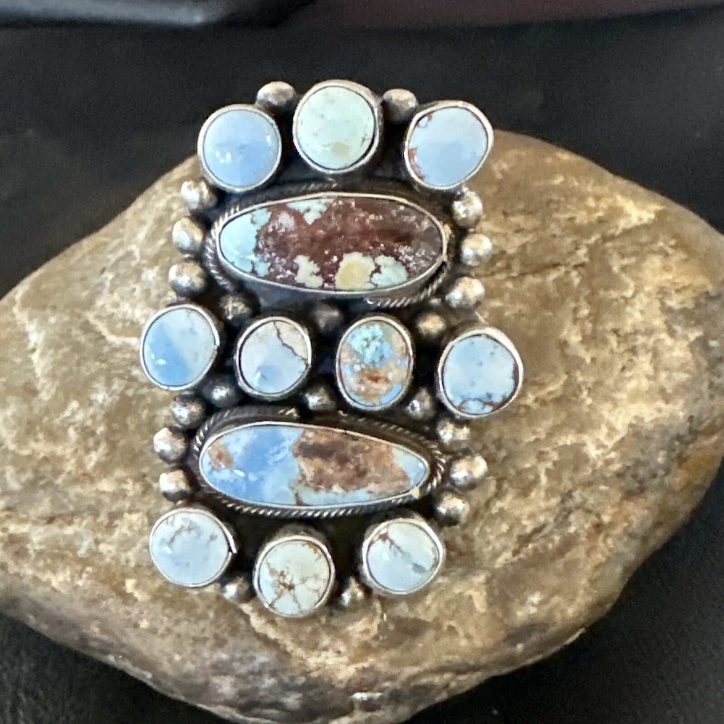 Womens Golden Hills Turquoise Navajo Sterling Silver Cluster Ring Sz 8 17774