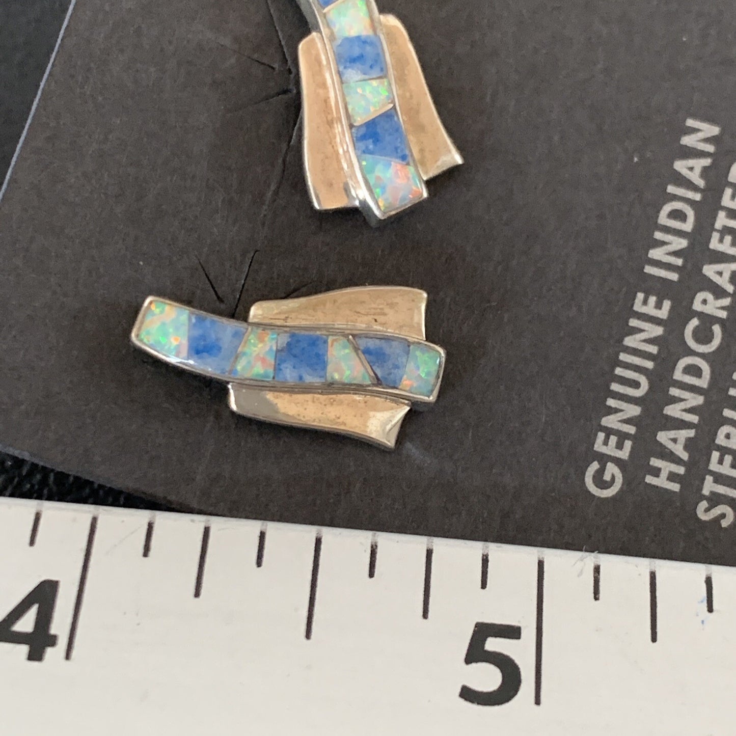 Women Blue Denim Lapis & White Opal Navajo Sterling Silver Inlay Earrings 128900