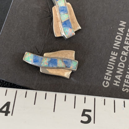 Women Blue Denim Lapis & White Opal Navajo Sterling Silver Inlay Earrings 128900