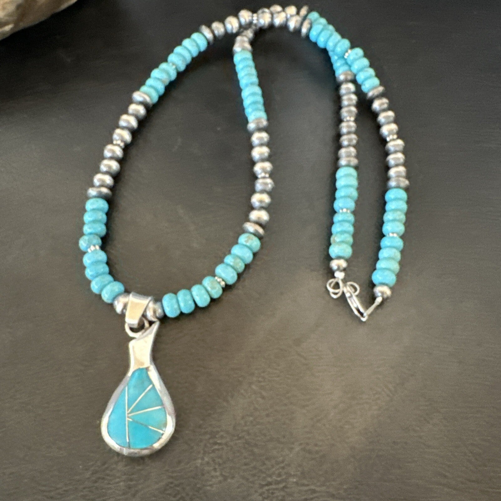 Pottery Blue Kingman Turquoise Pendant Navajo Sterling Silver Necklace 21" 18378
