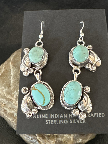 Native Navajo Blue Dry Creek Turquoise Sterling Silver Dangle Earrings 2” 17920
