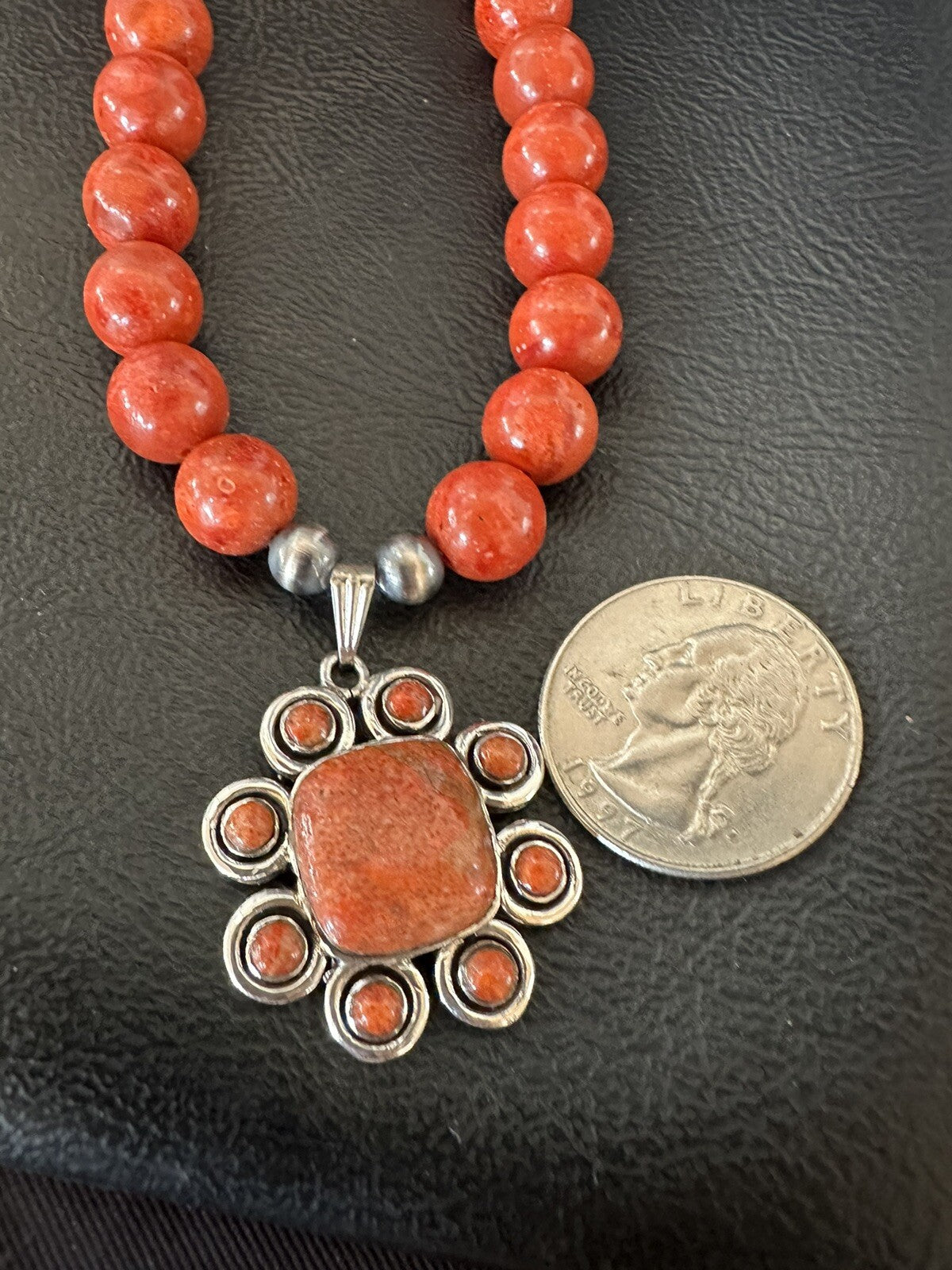 Navajo Apple Sponge Coral Sterling Silver Necklace Pendant 18327