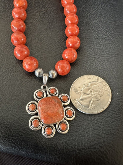 Navajo Apple Sponge Coral Sterling Silver Necklace Pendant 18327