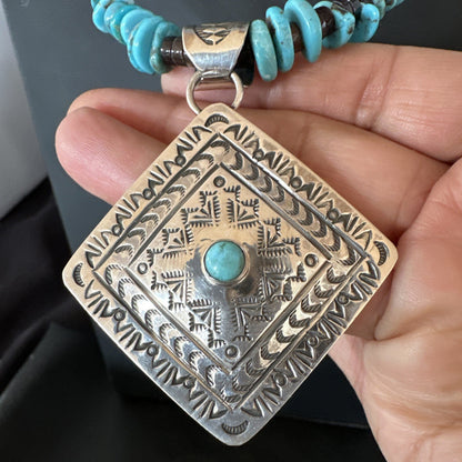 Navajo Blue Turquoise Stamped Pendant Shell Sterling Silver 25” Necklace 19709
