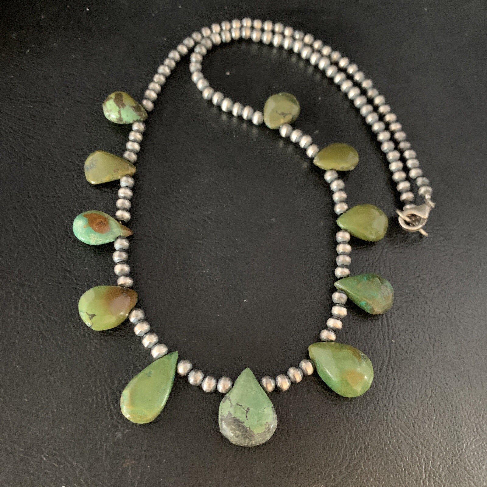 Teardrop Navajo Pearls Sterling Silver Green Turquoise Necklace 20" 13508