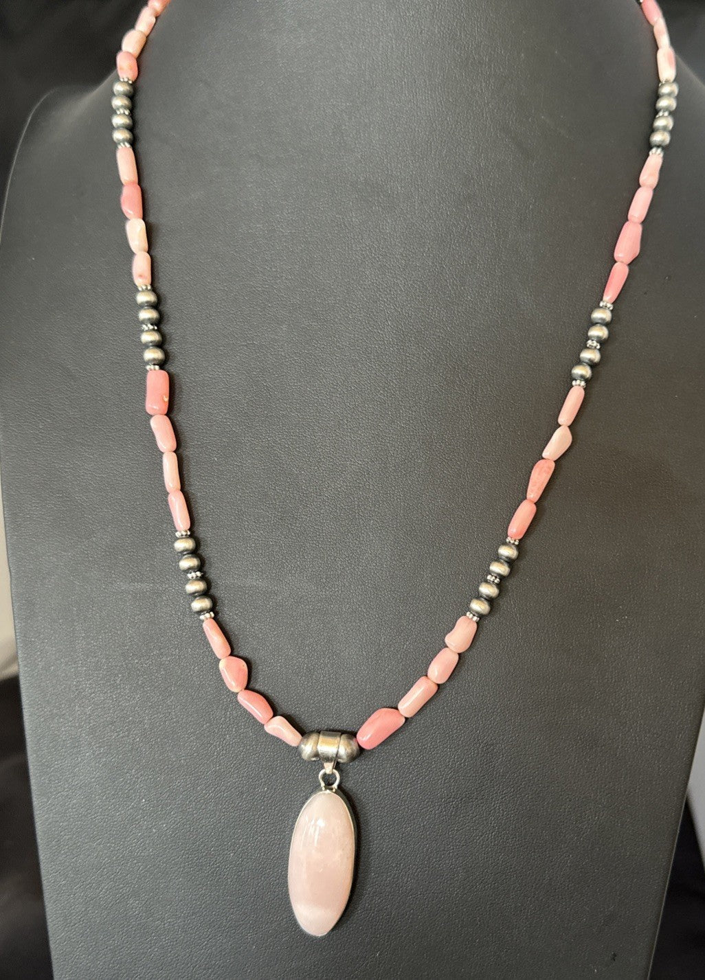 Southwestern Sterling Silver Pink Coral Bead Necklace Quartz Pendant 24" 19585