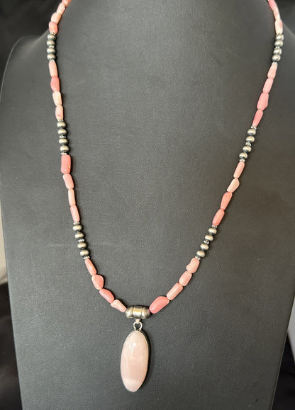 Southwestern Sterling Silver Pink Coral Bead Necklace Quartz Pendant 24" 19585