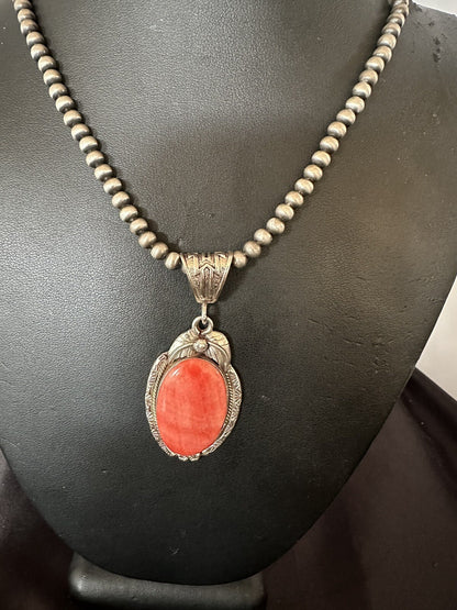 WoMens Red Spiny Oyster Pendant Navajo Sterling Silver Necklace 18364