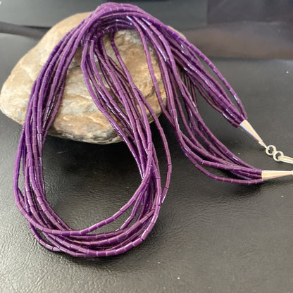 Purple Stone Sterling 10 Strand Stabilized Tube Heishi Necklace 24" 13420