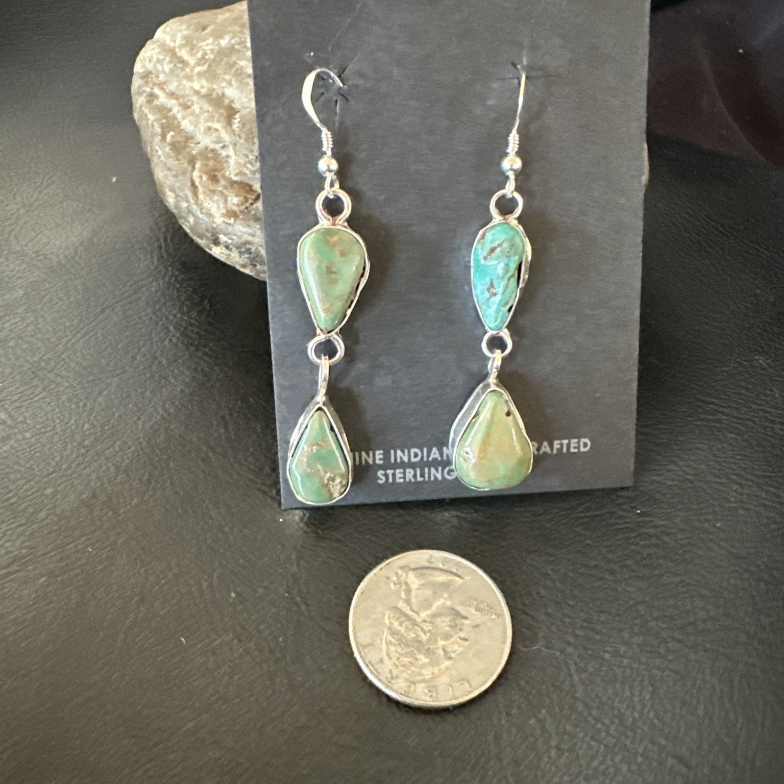 Green Royston Turquoise Navajo Sterling Silver Dangle Earrings 19416