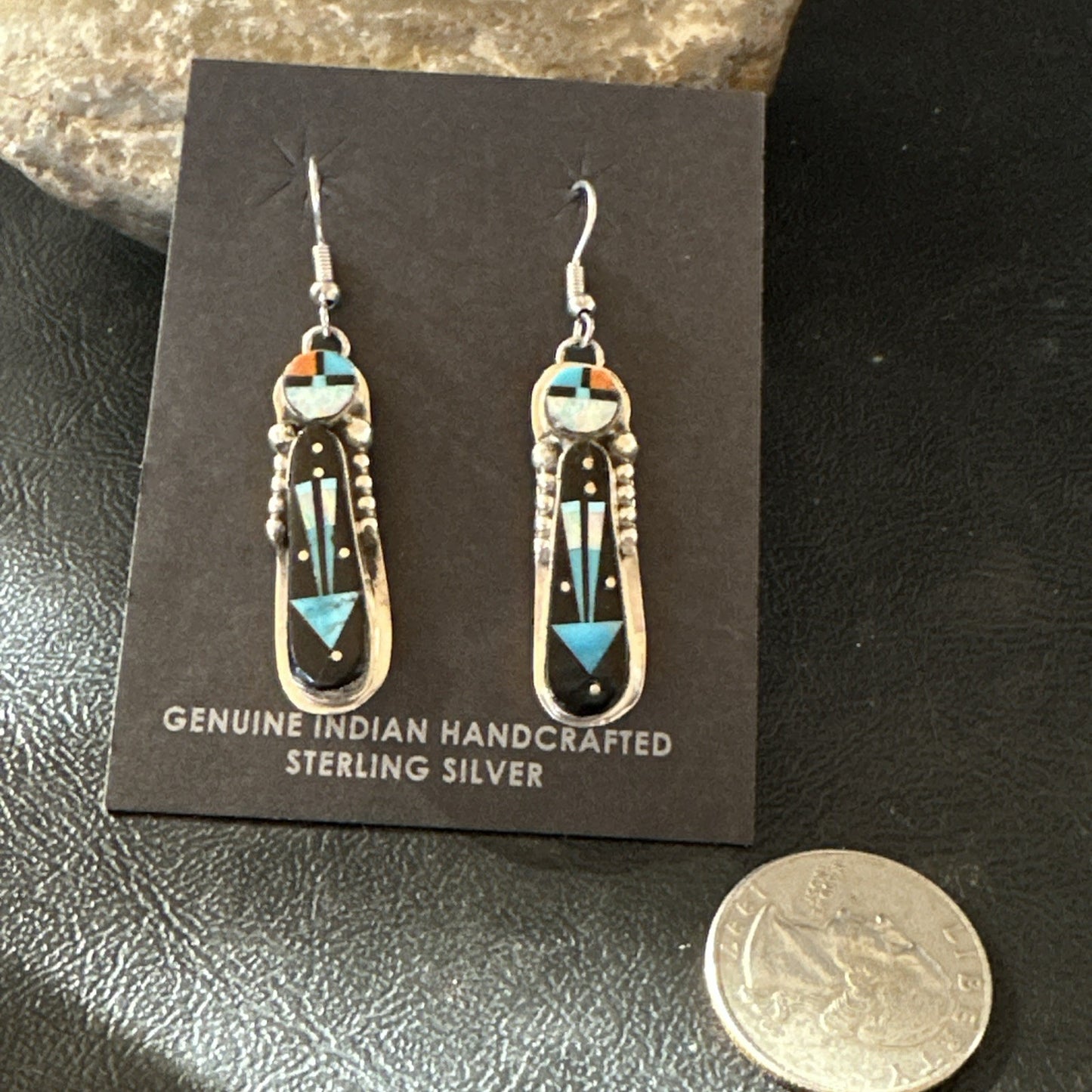 Navajo Onyx Opal Turquoise Inlay Earrings Sterling Silver Handmade 19773