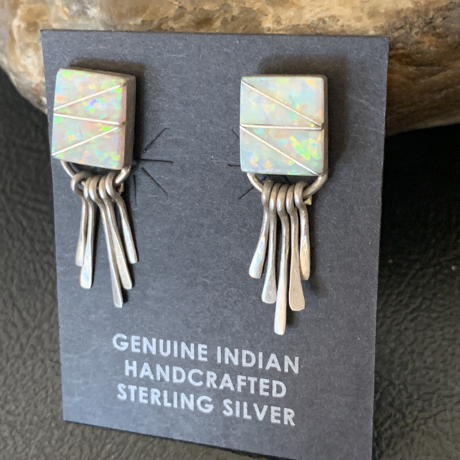 Womens White Opal Inlay Navajo Sterling Silver Dangle Post Earrings 0.5" 12765