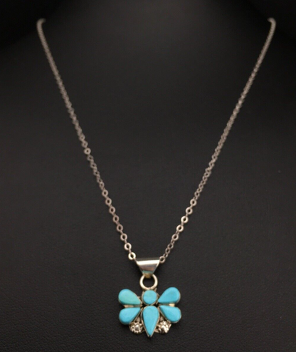 Turquoise Butterfly Pendant Southwestern Zuni Sterling Silver Chain 04777