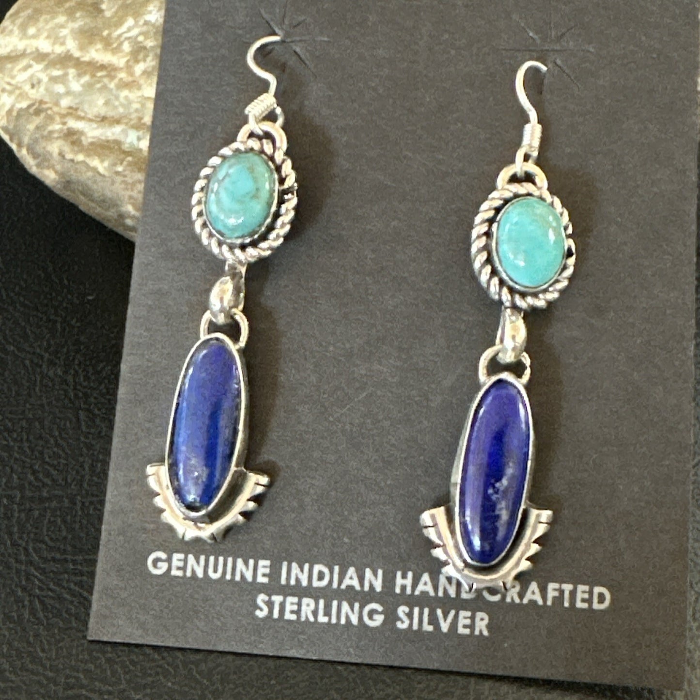 Navajo Turquoise Blue Lapis Sterling Silver Dangle Earrings 18186