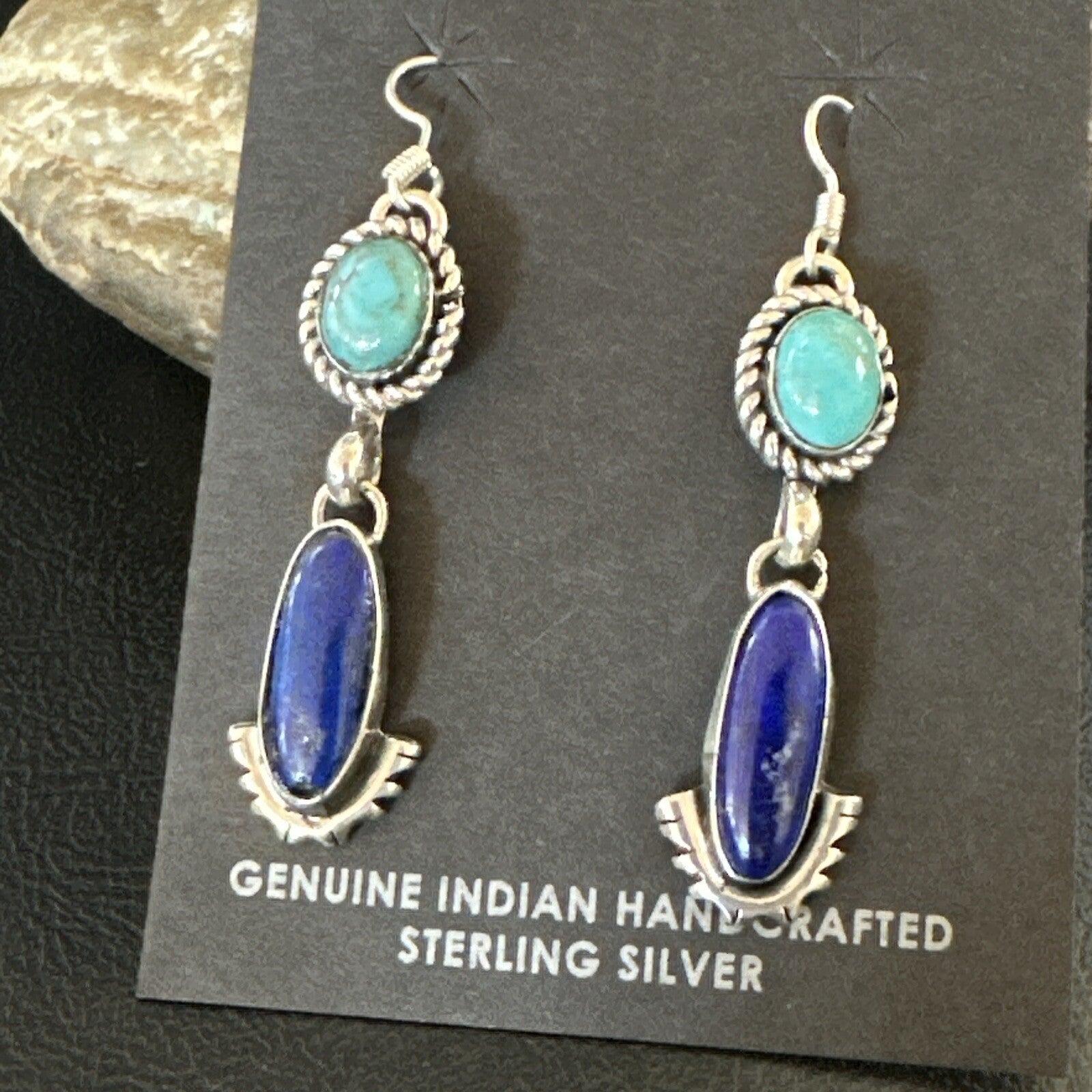 Navajo Turquoise Blue Lapis Sterling Silver Dangle Earrings 18186