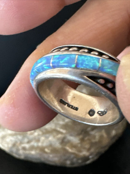 Blue Opal Navajo Sterling Silver Band Inlay Ring Size 8 18806