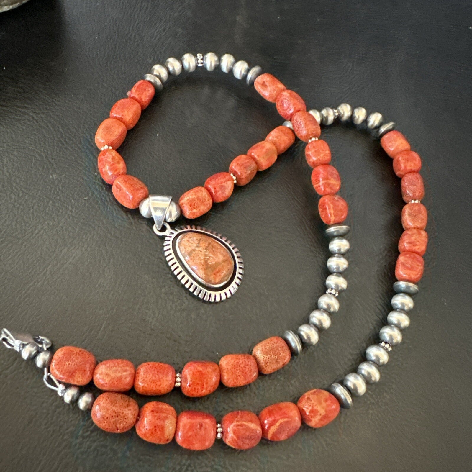 Navajo Pearls Apple Sponge Coral Sterling Silver Necklace Pendant 21” 18683