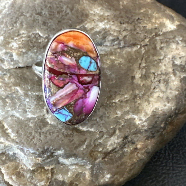 Blue Turquoise Spiny Oyster Southwestern Ring Size 8 | Sterling Silver | Authentic Native American Handmade | 18429