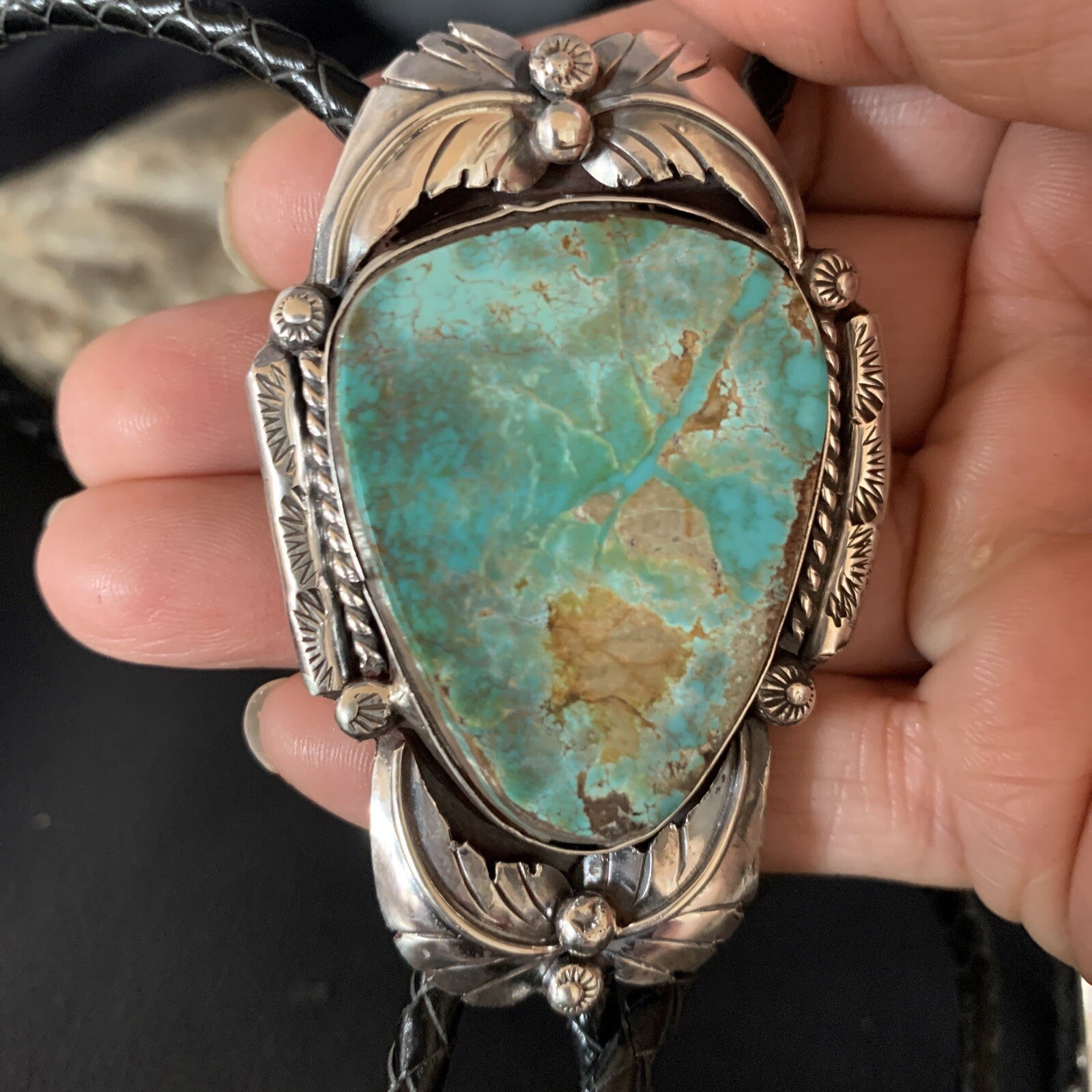 Native Mens Bolo Tie Green Royston Turquoise Sterling Silver Navajo 14108N