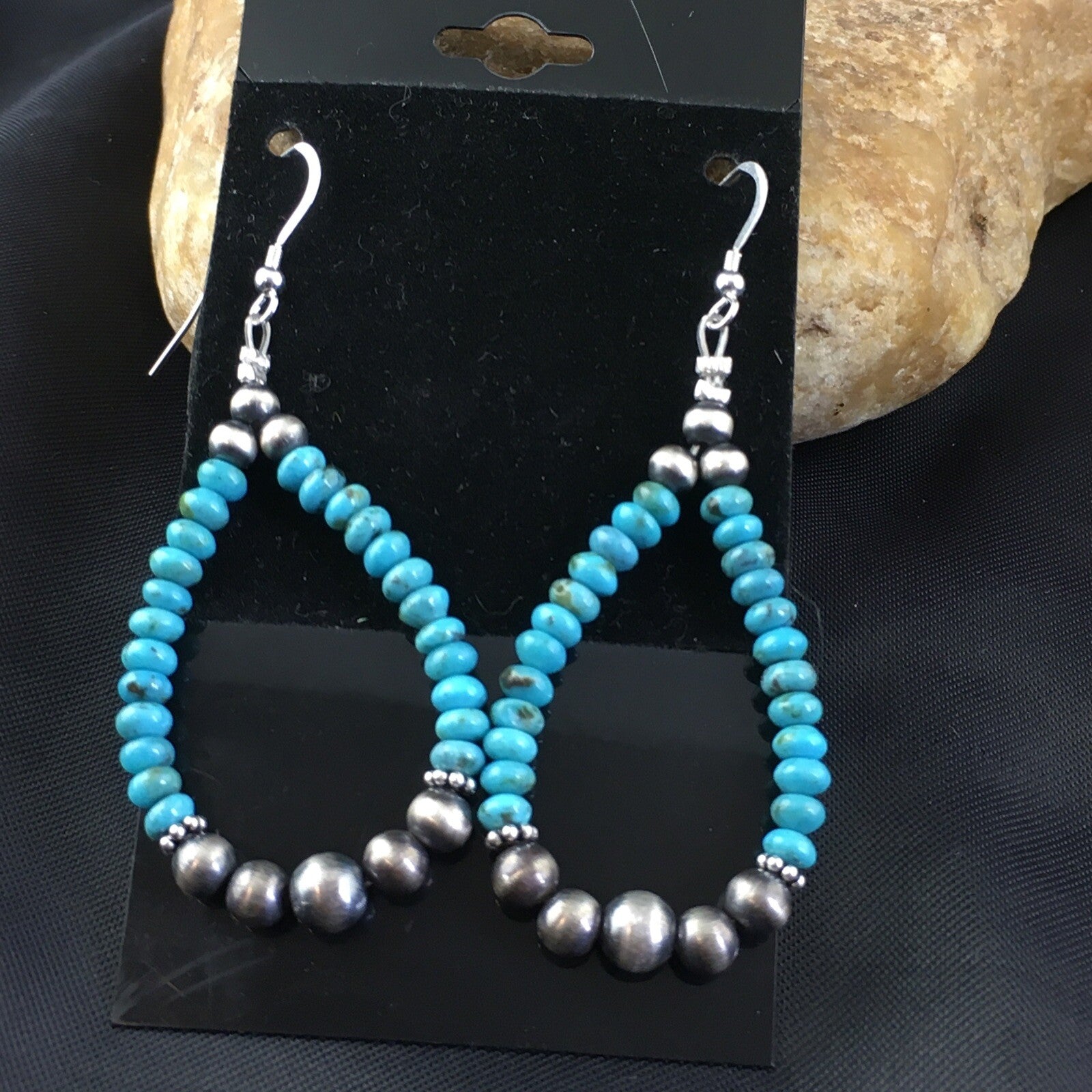 Blue Turquoise Bead Sterling Silver Beads Earrings 1.75" 1971